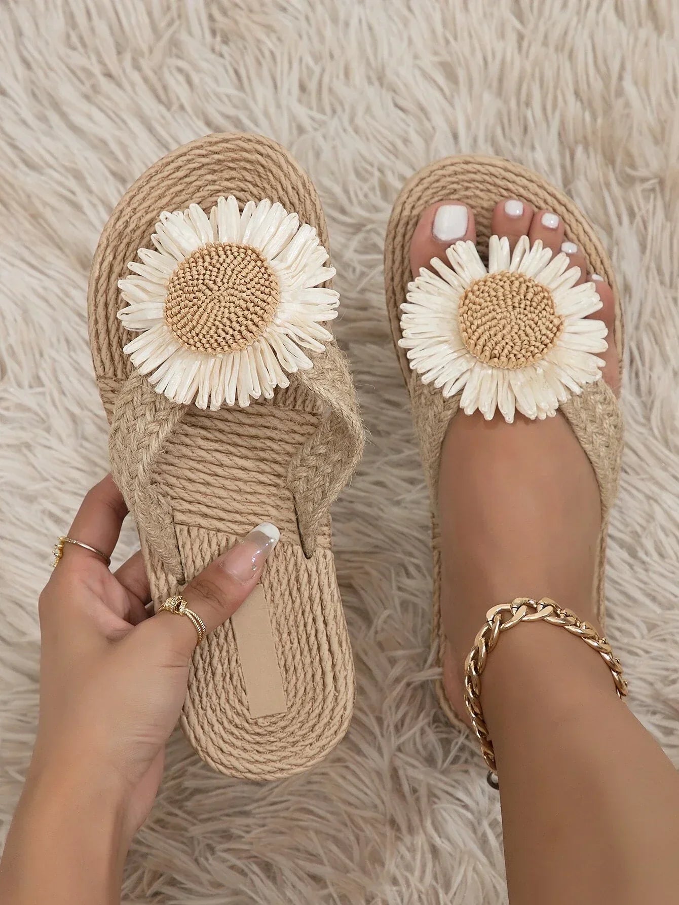Buy SHEIN Vacation Khaki Slippers For Women, Linen Flower Decor Flip Flops in Pakistan