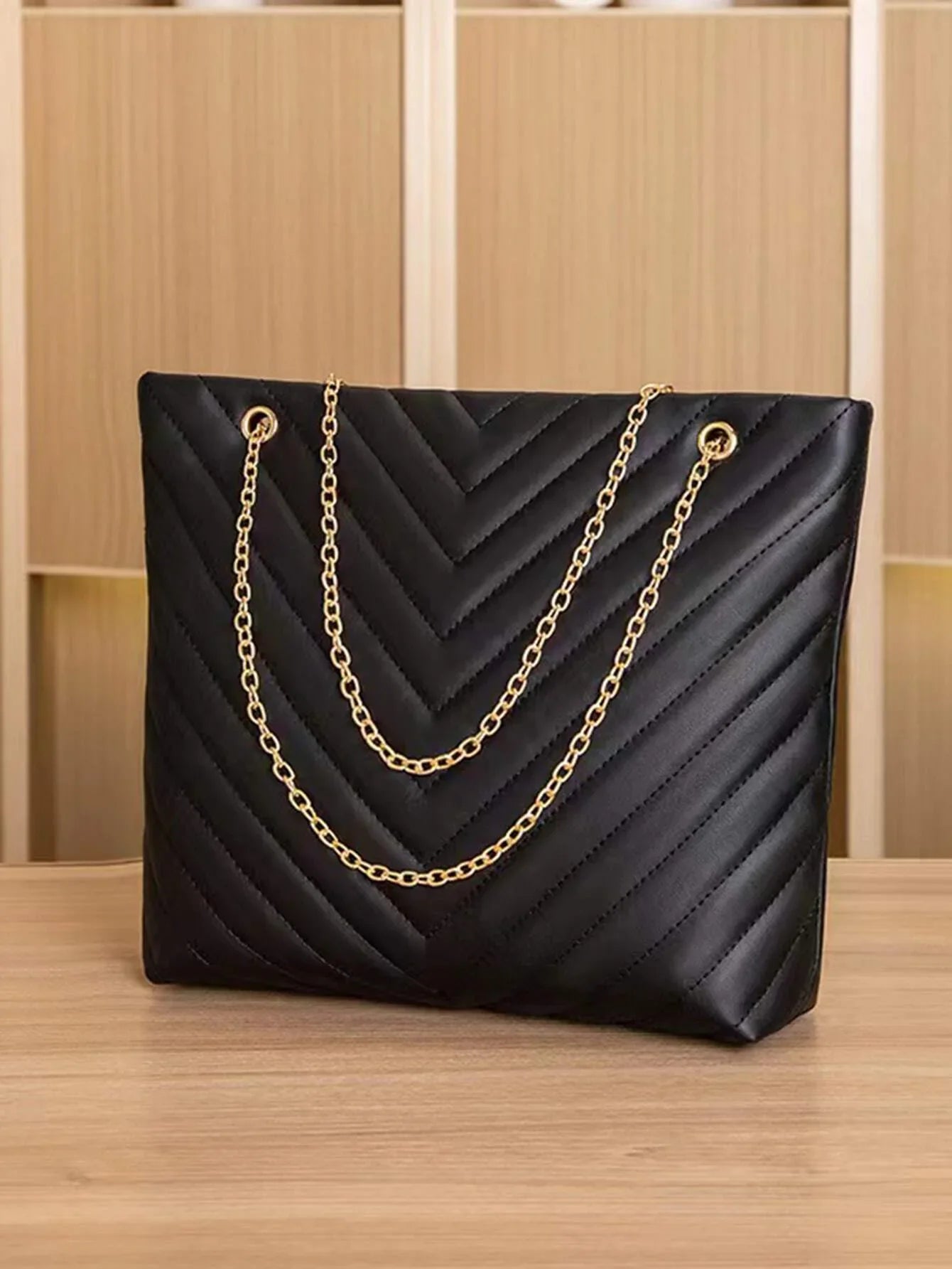 Buy SHEIN Trendy Chain Tote Bag, Women's Large Capacity Shoulder Bag, Simple Solid Color Handbag Chevron Chain Shoulder Tote Bag in Pakistan