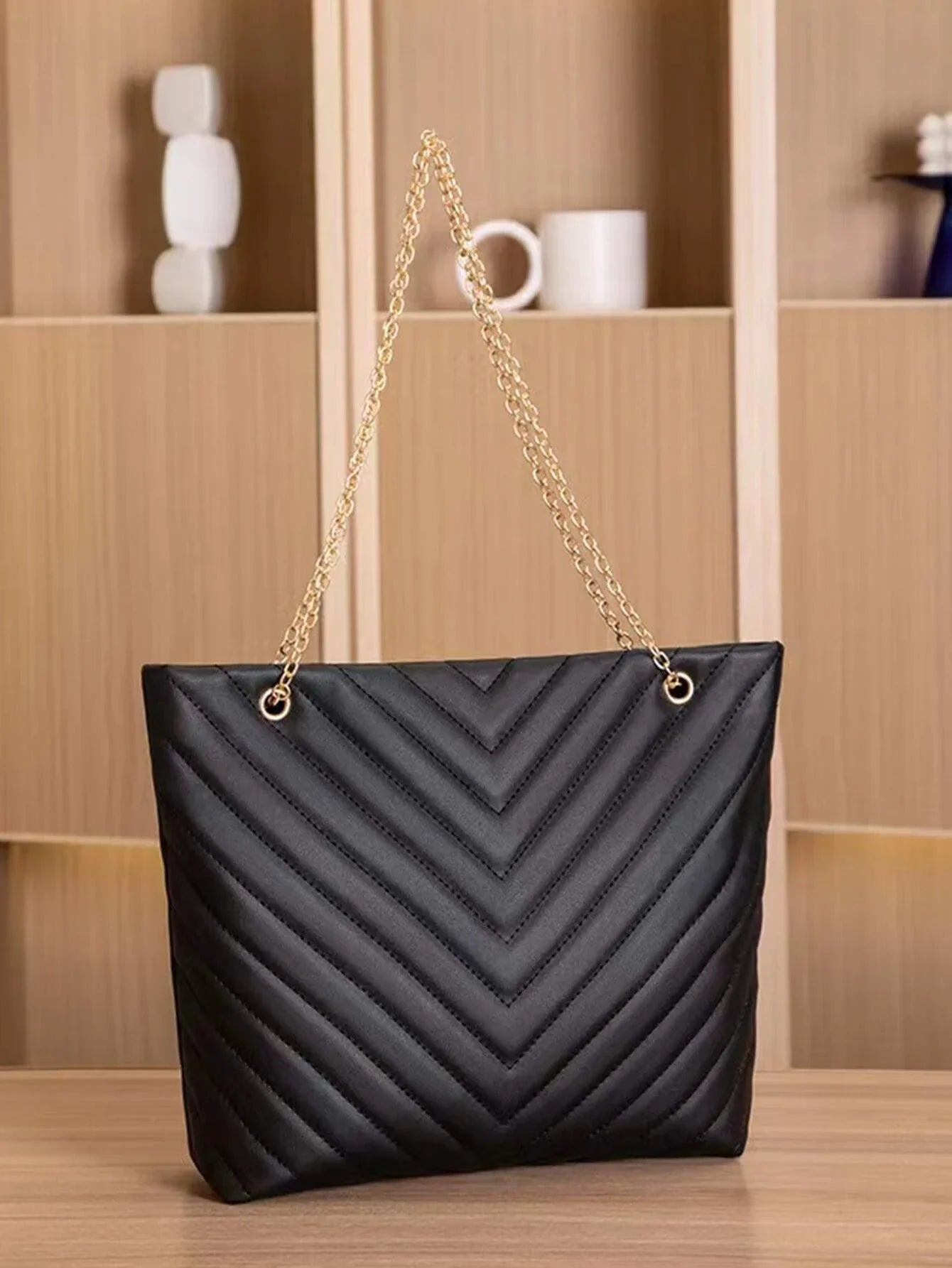 Buy SHEIN Trendy Chain Tote Bag, Women's Large Capacity Shoulder Bag, Simple Solid Color Handbag Chevron Chain Shoulder Tote Bag in Pakistan