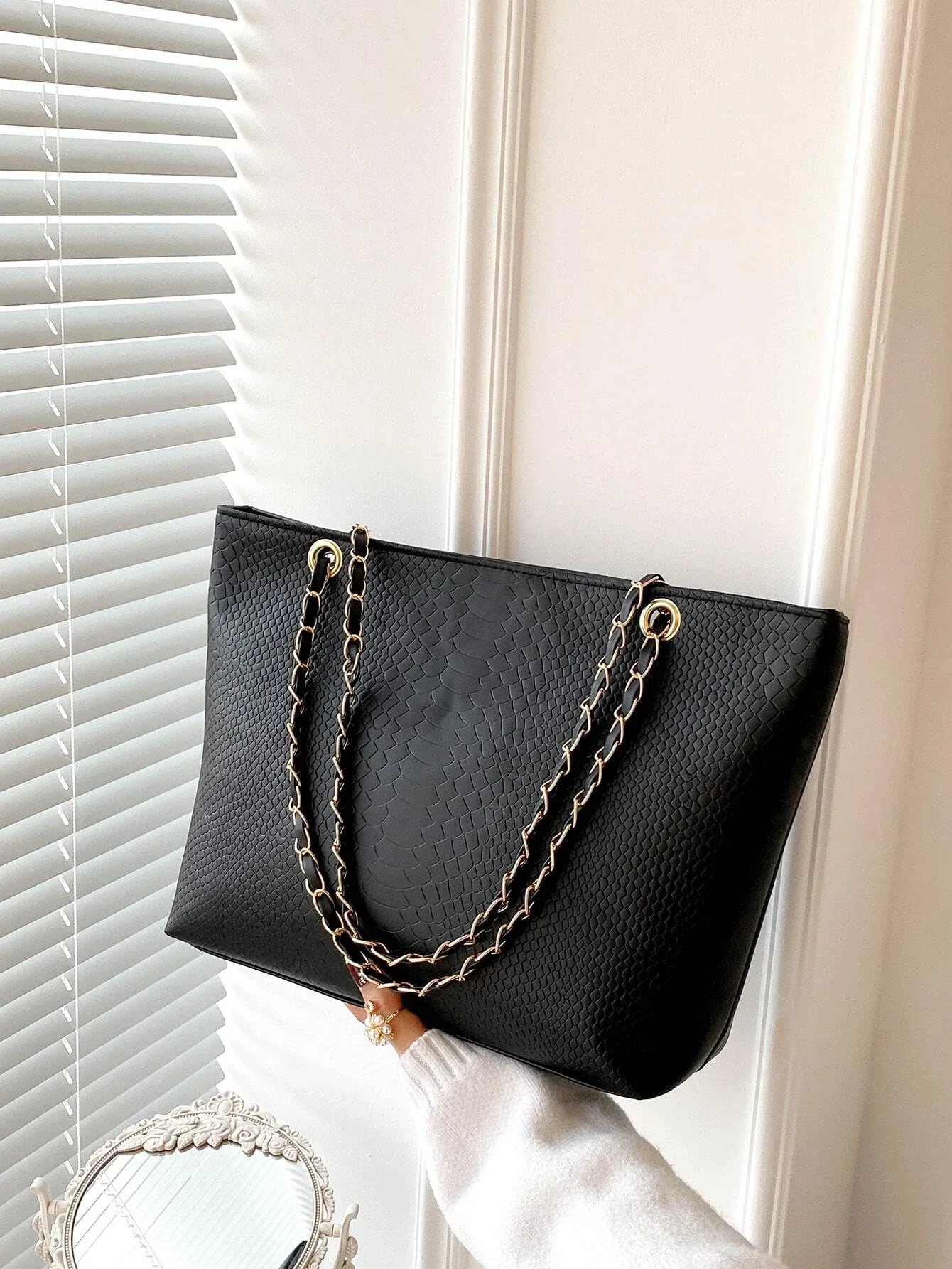 Buy Shein Geometric Embossed Grommet Eyelet Shoulder Tote Bag in Pakistan