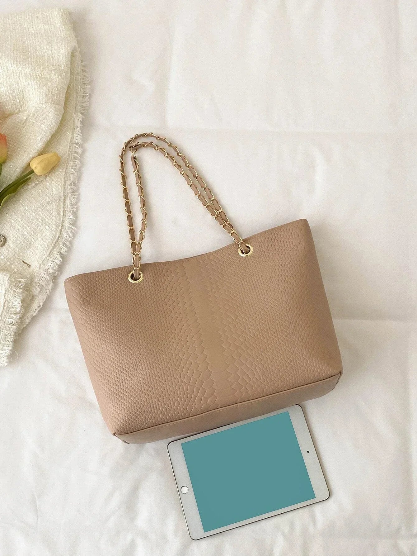 Buy Shein Geometric Embossed Grommet Eyelet Shoulder Tote Bag in Pakistan