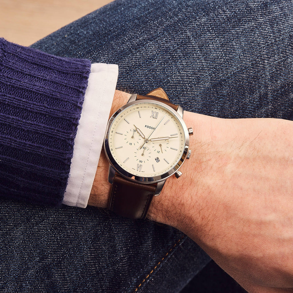 Buy Neutra Chrono Quartz Stainless Steel Two Hand Ring Brown Leather Strap Watch in Pakistan