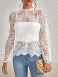 Buy SHEIN Privé Mock Neck Lantern Sleeve Eyelash Lace Blouse Without Cami Top in Pakistan