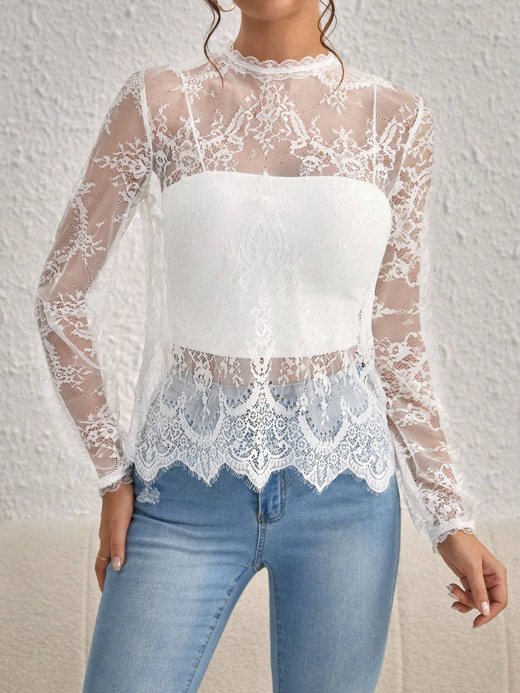 Buy SHEIN Privé Mock Neck Lantern Sleeve Eyelash Lace Blouse Without Cami Top in Pakistan