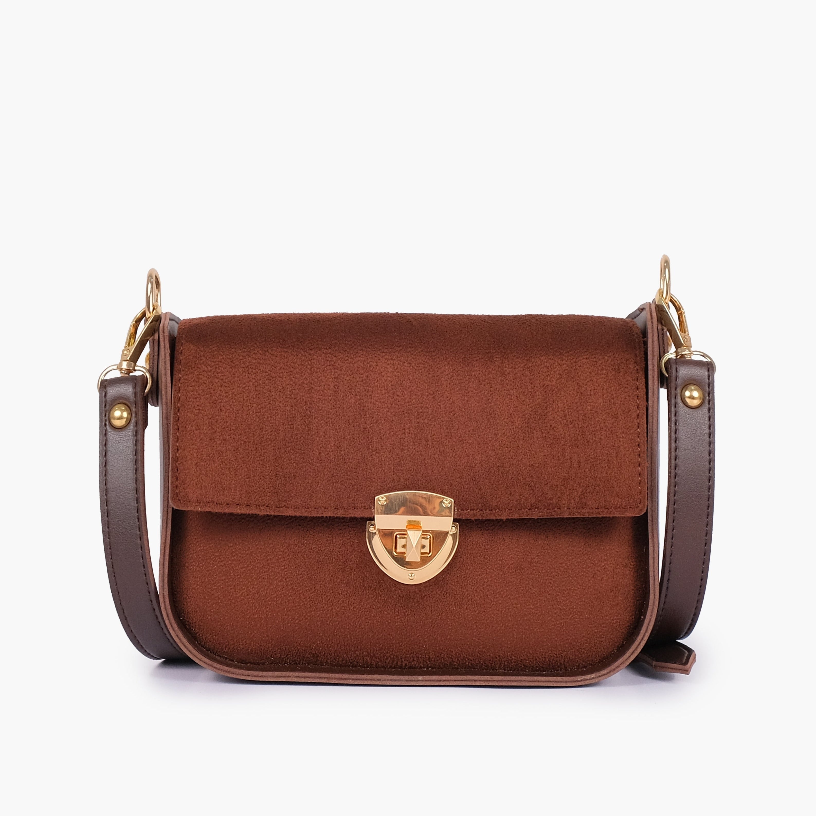 Buy Suede Saddle Bag With Twist Lock - Dark Brown in Pakistan